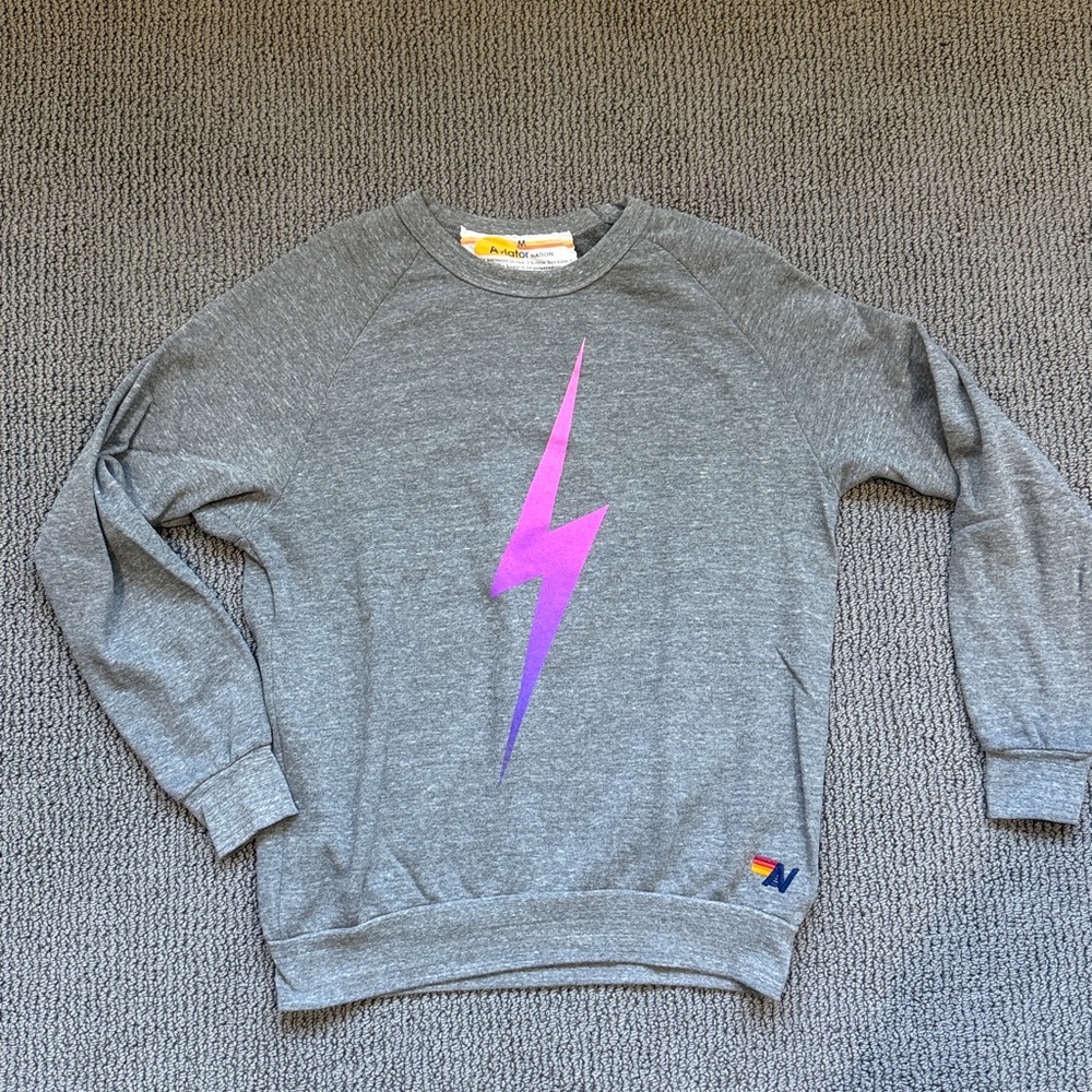 Aviator Nation Gray Sweatshirt with Purple Lightning Bolt